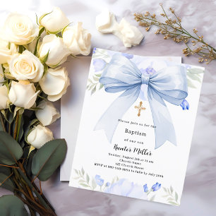 Invitation de baptême garçon florales ruban bleu