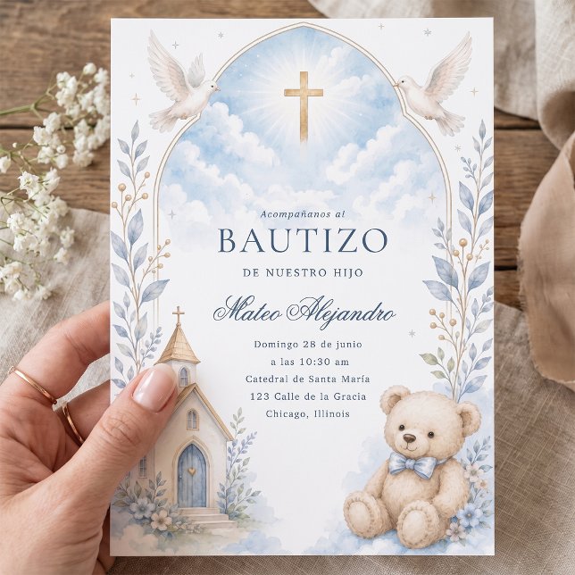 Invitation de baptême garçon Ourson aquarelle bleu (Créateur téléchargé)