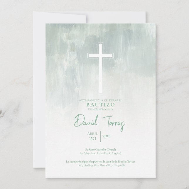 Invitation de Baptême Garçon Verte Invitation Espa (Devant)