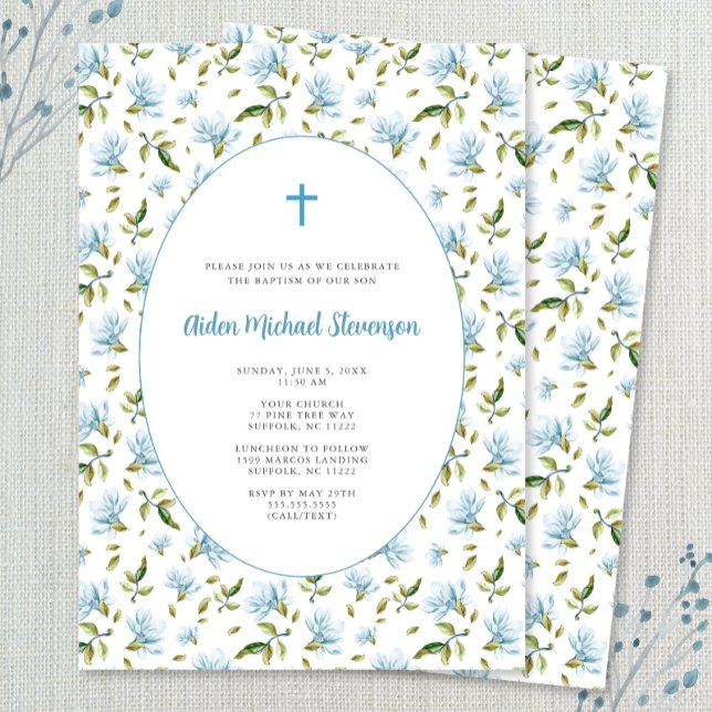 Invitation de baptême grandmillénaire à fleurs ble (Créateur téléchargé)