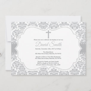 Invitation de baptême gris damas