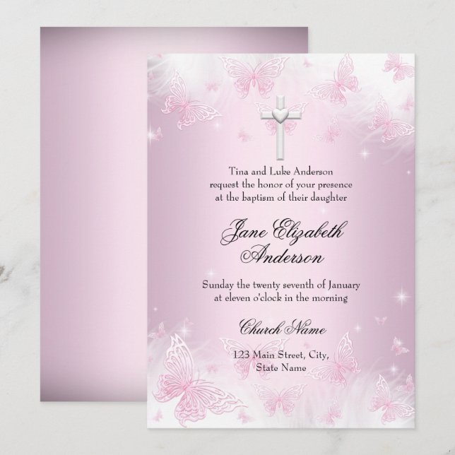 Invitation de baptême jolie papillon rose & croix (Devant / Derrière)