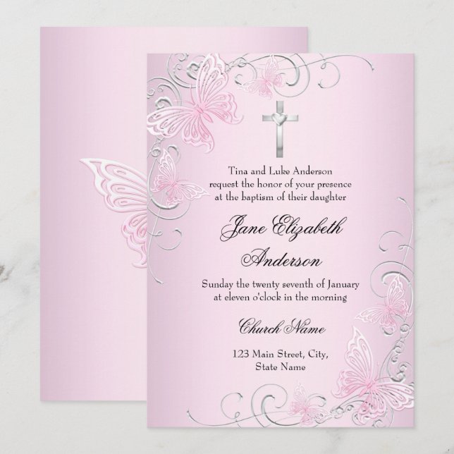 Invitation de baptême jolie papillon rose tourbill (Devant / Derrière)
