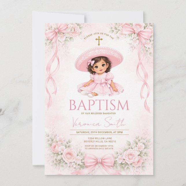 Invitation de baptême mexicain Charra avec noeud r (Devant)