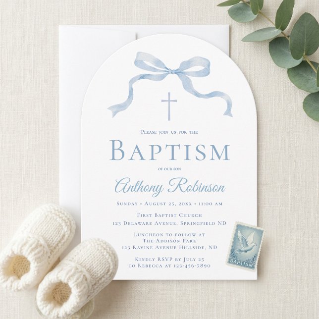 Invitation de baptême moderne avec ruban bleu pour (Créateur téléchargé)