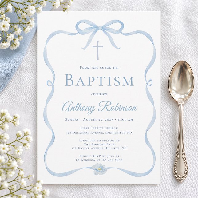 Invitation de baptême moderne avec ruban bleu pour (Créateur téléchargé)