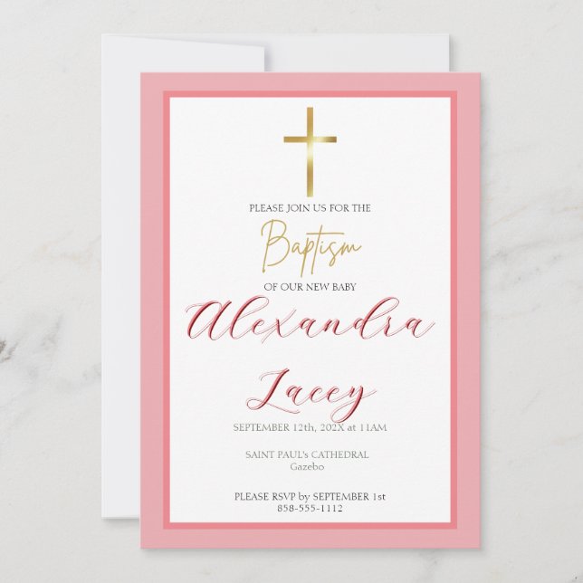 Invitation de baptême moderne en or croix dorée (Devant)