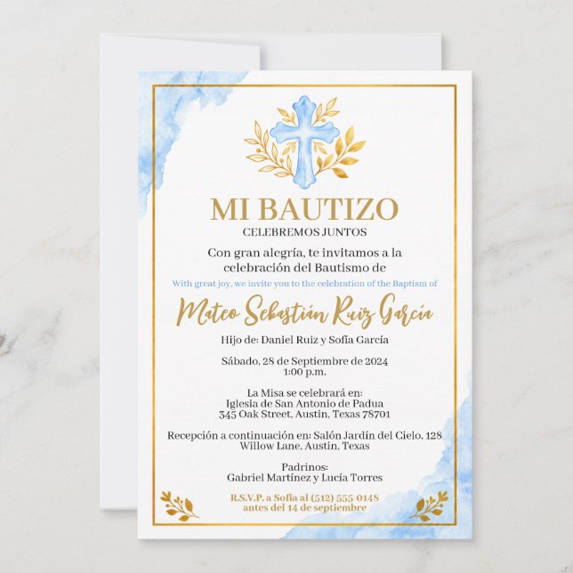 Invitation de Baptême Mon Baptême Bleu Croix (Devant)