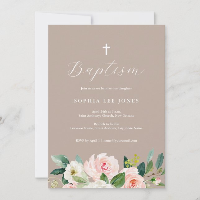 Invitation de baptême neutre floral aquarelle (Devant)