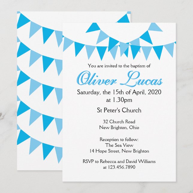 Invitation de baptême ou de christening Bunting Bl (Devant / Derrière)