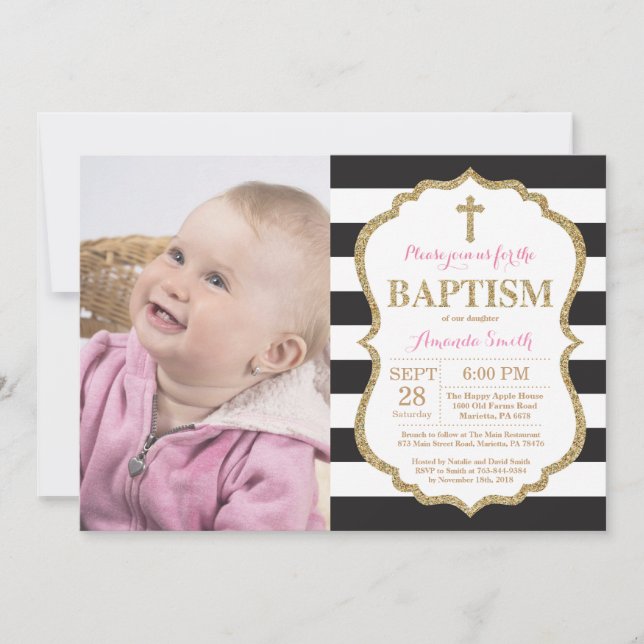 Invitation de baptême pailletée noir rose et or (Devant)