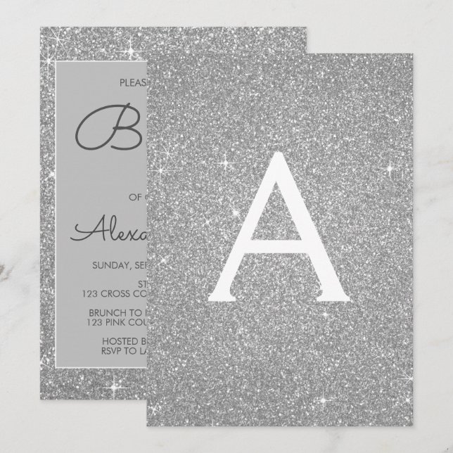 Invitation de baptême Paillettes Étincelles Argent (Devant / Derrière)