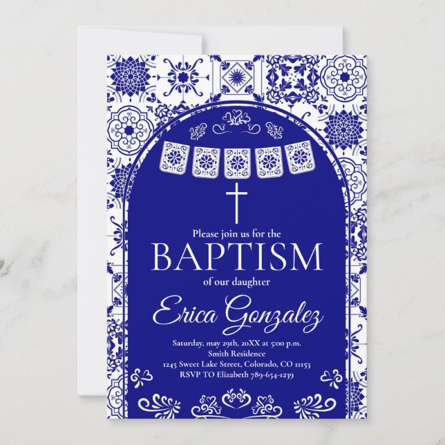 Invitation de baptême Papel Picado Bleu Marine (Devant)