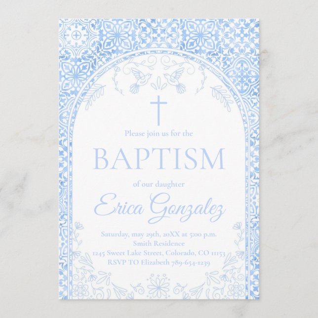 Invitation de baptême Papel Picado Bleu Poussiéreu (Devant)