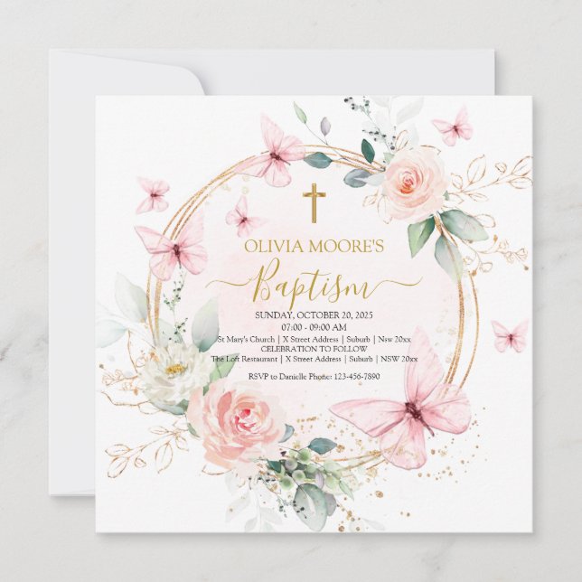 Invitation de baptême papillon floral rose (Devant)