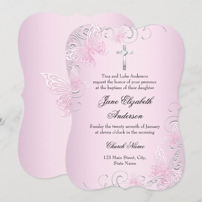 Invitation de baptême Papillon Tourbillon Rose & C (Devant / Derrière)