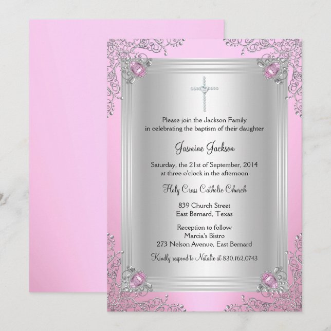 Invitation de baptême parure de bijou rose scintil (Devant / Derrière)