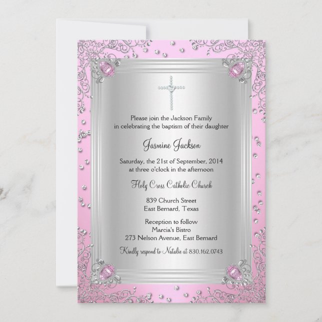 Invitation de baptême parure de bijou rose scintil (Devant)