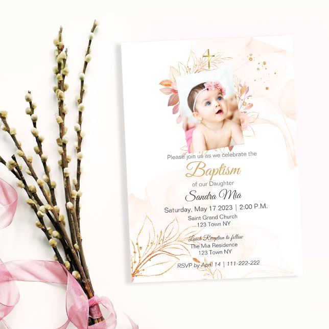 Invitation de baptême Pêche Dorée (Gold Peach Baptism Invite)