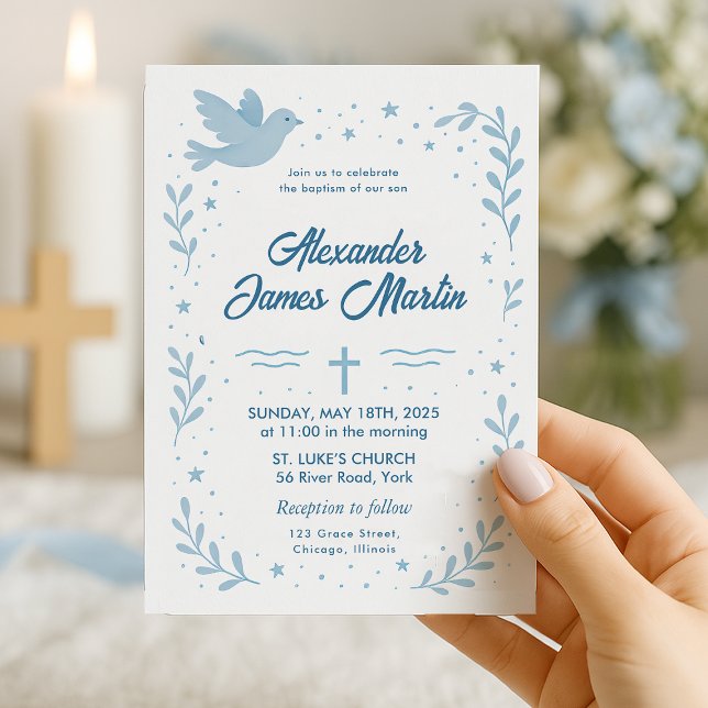 Invitation de baptême personnalisée avec colombe e (Blue Baptism Invitation for Boy with Dove and Elegant Leaf Border)