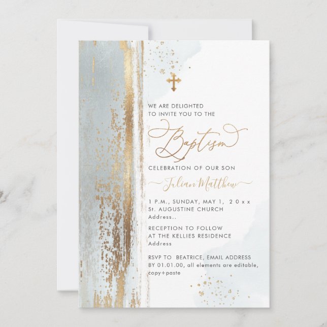 Invitation de baptême PixDezines H2 Bleu Poussiére (Devant)