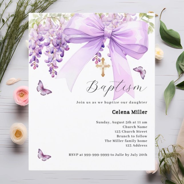 Invitation de baptême pour fille avec ruban de lav (Créateur téléchargé)