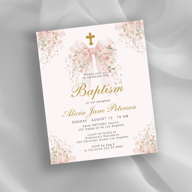 Invitation de baptême pour fille avec un nœud flor (Créateur téléchargé)