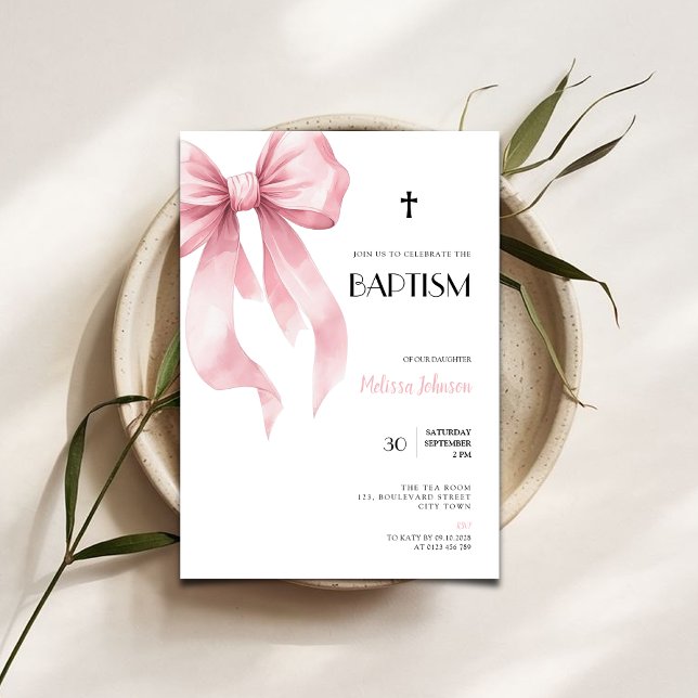 Invitation de baptême pour filles avec un nœud ros (watercolor pink bow baptism invitation)