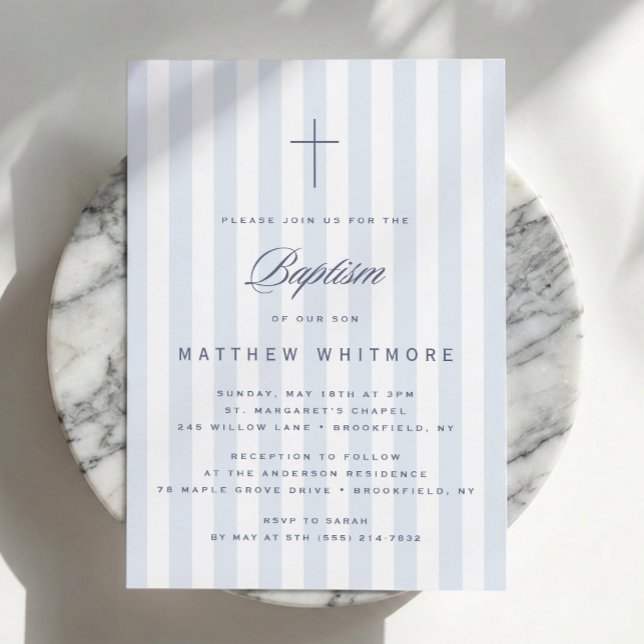 Invitation de baptême pour garçon rayée bleu clair (Créateur téléchargé)