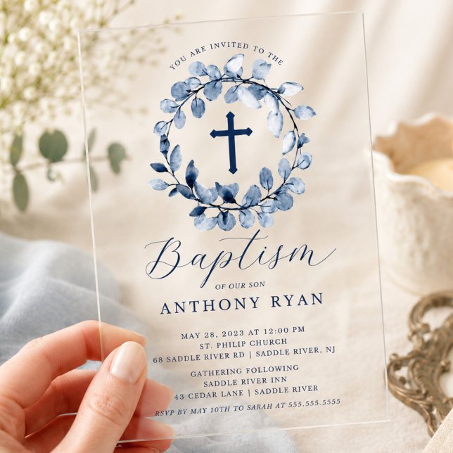 Invitation de baptême pour garçons aux feuilles bl (Créateur téléchargé)