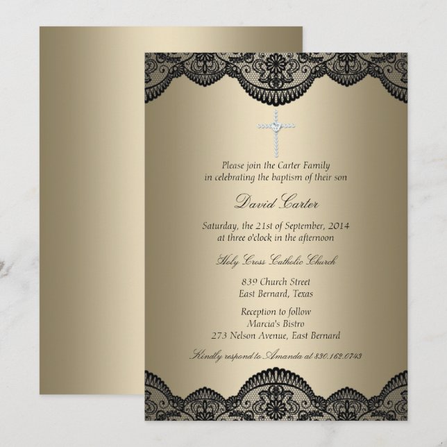 Invitation de baptême Pretty Lace Cross Gold (Devant / Derrière)