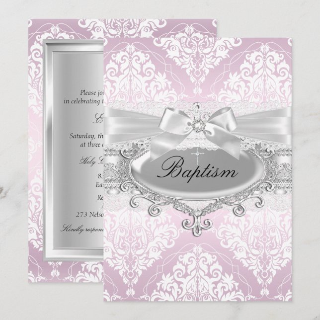 Invitation de baptême Pretty Pink Damask & Bow (Devant / Derrière)