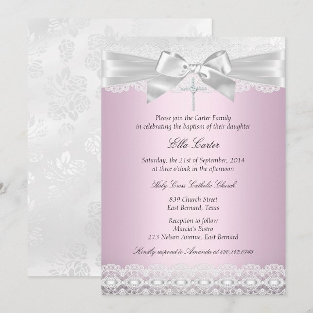 Invitation de baptême Pretty Pink Lace Cross (Devant / Derrière)