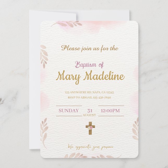 Invitation de baptême rose (Devant)