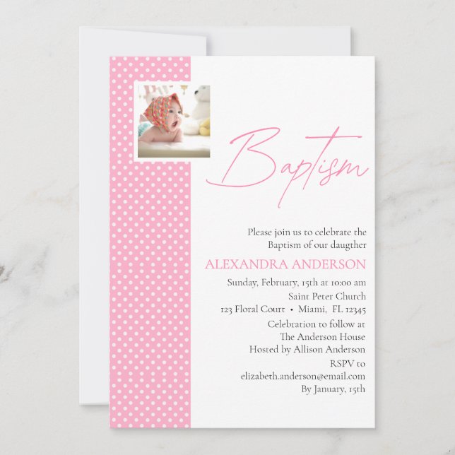 Invitation de baptême rose avec photo et Pois (Devant)