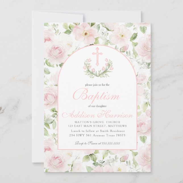 Invitation de baptême rose, baptême de fille,  (Devant)