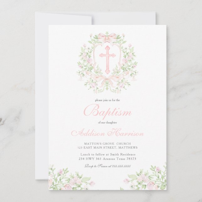 Invitation de baptême rose, baptême de fille,  (Devant)