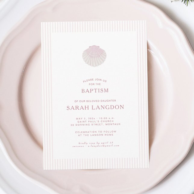 Invitation de baptême rose blanc coquillage côtier (Créateur téléchargé)