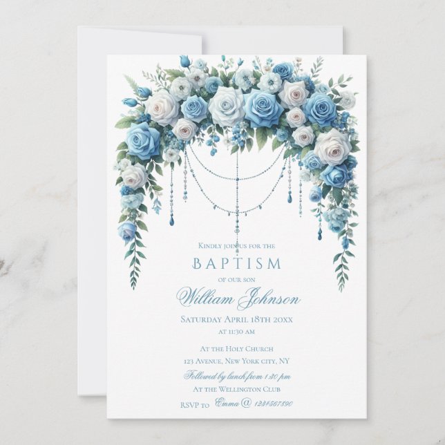 Invitation de baptême Rose Bleue & Croix d'Argent (Devant)