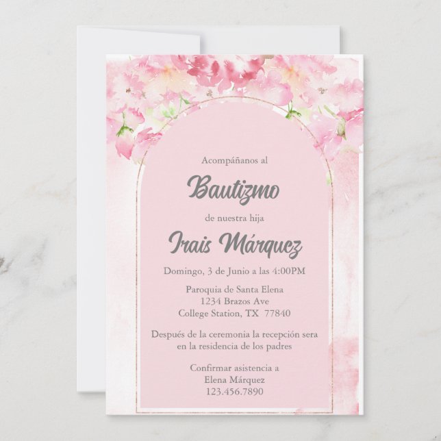 Invitation de baptême rose Dusty (Devant)