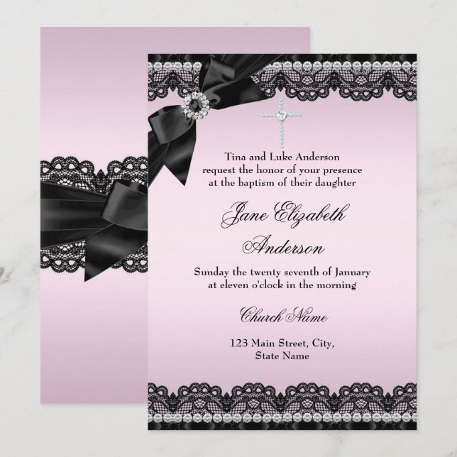 Invitation de baptême rose en dentelle de diamant  (Devant / Derrière)