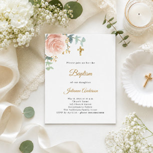 Invitation de baptême rose florale croix dorée