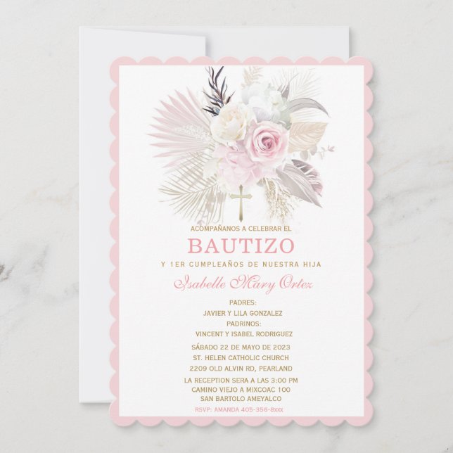Invitation De Bapteme Roses Personnalisées (Devant)