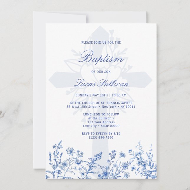 Invitation de baptême Sainte-Croix aux fleurs sauv (Devant)