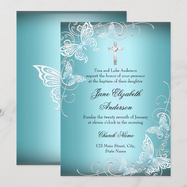 Invitation de baptême tourbillon papillon bleu jol (Devant / Derrière)