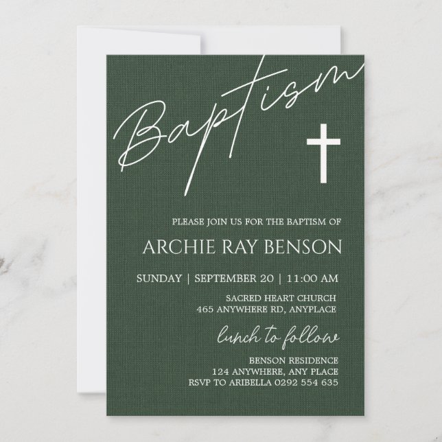 Invitation de baptême vert émeraude minimaliste (Devant)