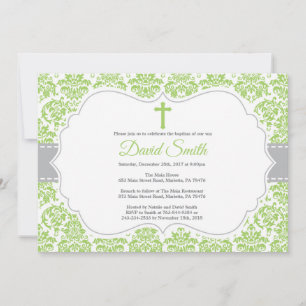 Invitation de baptême vert et gris damassé