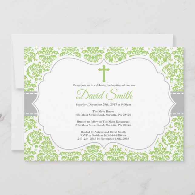 Invitation de baptême vert et gris damassé (Devant)
