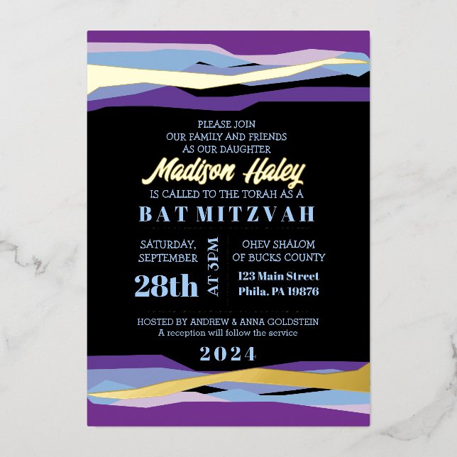 Invitation de Bar Mitzvah à barre violette avec fe (Recto)