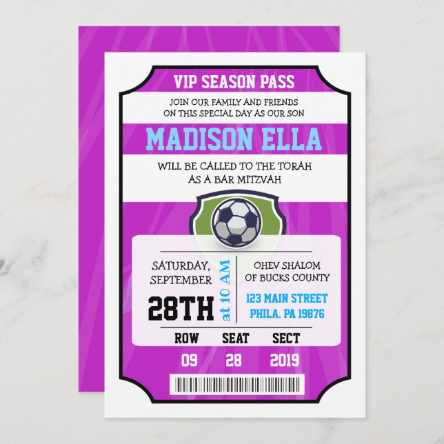 Invitation de Bar Mitzvah BILLET VIP FOOTBALL (Devant / Derrière)
